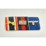 3rd Reich Medal Ribbon Bar. War Merit Cross .with Swords, Sudetenland Medal with Prague Bar and Army