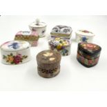 A Selection of Eight Trinket Boxes. Fine bone china, Enamel, Stone and Paper Mache. Some markings on