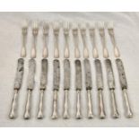 A Set of Ten (20) Silver Antique German Officers Knives and Forks. The Knives are marked J.A.