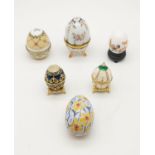 An Eclectic Mix of Six Porcelain and Enamel Eggs. All beautifully decorated. Four are trinket eggs.