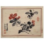 Camellias; Attribute to Zhang Daqian; Chinese ink and watercolour on paper scroll; The paper used