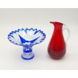 A Whitefriars Ruby Sparrow Beak Jug - 16cm tall and a Czech crystal cobalt Kristalove blue bowl -