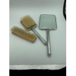 Vintage Art Deco brush and mirror set in silver tone with guilloche enamel effect to backs. Three