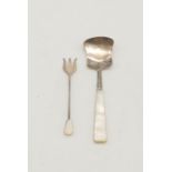 An Antique Victorian Silver Caddy Spoon and Oyster Fork. Mother of Pearl handles. Fork -9cm.