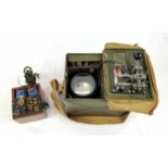 A MILITARY WW2 FIELD MORSE CODE TRANSMITTER RECEIVER AND SPOT LIGHT WITH WOOD CASE BATTERY MORSE
