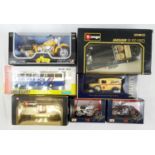 A Selection of Seven Die Cast Model Cars and Motorcycles. Brands include: Burago and Maisto. As new,