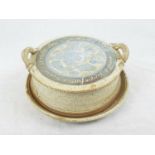 A handmade, studio stoneware, cheese plate with ornate lid in excellent -unused- condition.