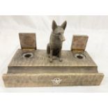 WW2 Period Hand Carved Desk Set. Features an Alsatian attack dog, field police badge and brass