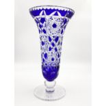 COBALT BLUE CRYSTAL TRUMPET VASE WITH NO MAKERS MARK POSSIBLY CZECH BOHEMIA 27CM IN HEIGHT