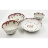 Two Antique New Hall Floral Tea bowls and Saucers. Pattern 173, circa 1790 and Pattern 353, circa