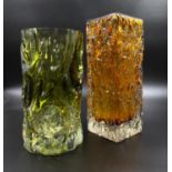 Two Vintage Ripple-Effect Vases (possibly Whitefriars or Dartington glass). Amber - 22cm tall. Light