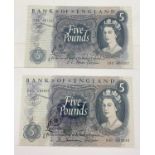 Two Vintage (1960s) English Five Pound Bank Notes. Excellent condition. Both come in protective