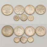 Seven English Silver (500) Coins: 1933 Threepence, half crown and florin. A 1935 threepence,
