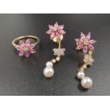 A Pair of 18K Yellow Gold Diamond Pink Sapphire and Seed Pearl Earrings - 9.46g with An 18K Yellow