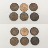 Six Antique British Farthing Coins: 2 x 1985, 1 x 1886, 3 x 1891