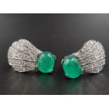 A Pair of 18K White Gold Diamond and Emerald Clam-Shaped Earrings. 13.84g.