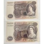 Three Vintage Series C Ten Pound English Bank Notes. Excellent condition. Both come in protective