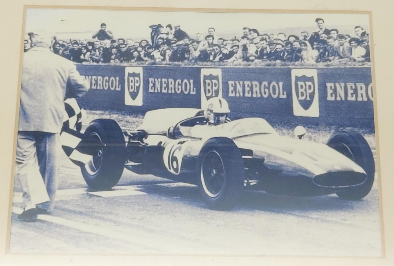 Three Time Formula 1 Champion Jack Brabham Autograph and Picture Piece. In frame - 34 x 29cm. - Image 2 of 3