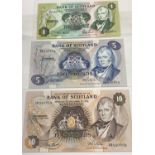 Three 1970s Bank of Scotland Notes. A One, Five and Ten Pound. Uncirculated condition. Comes in