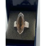 SILVER and SMOKY QUARTZ ring ,having large faceted quartz Gemstone in marquise shape. Size R. Full