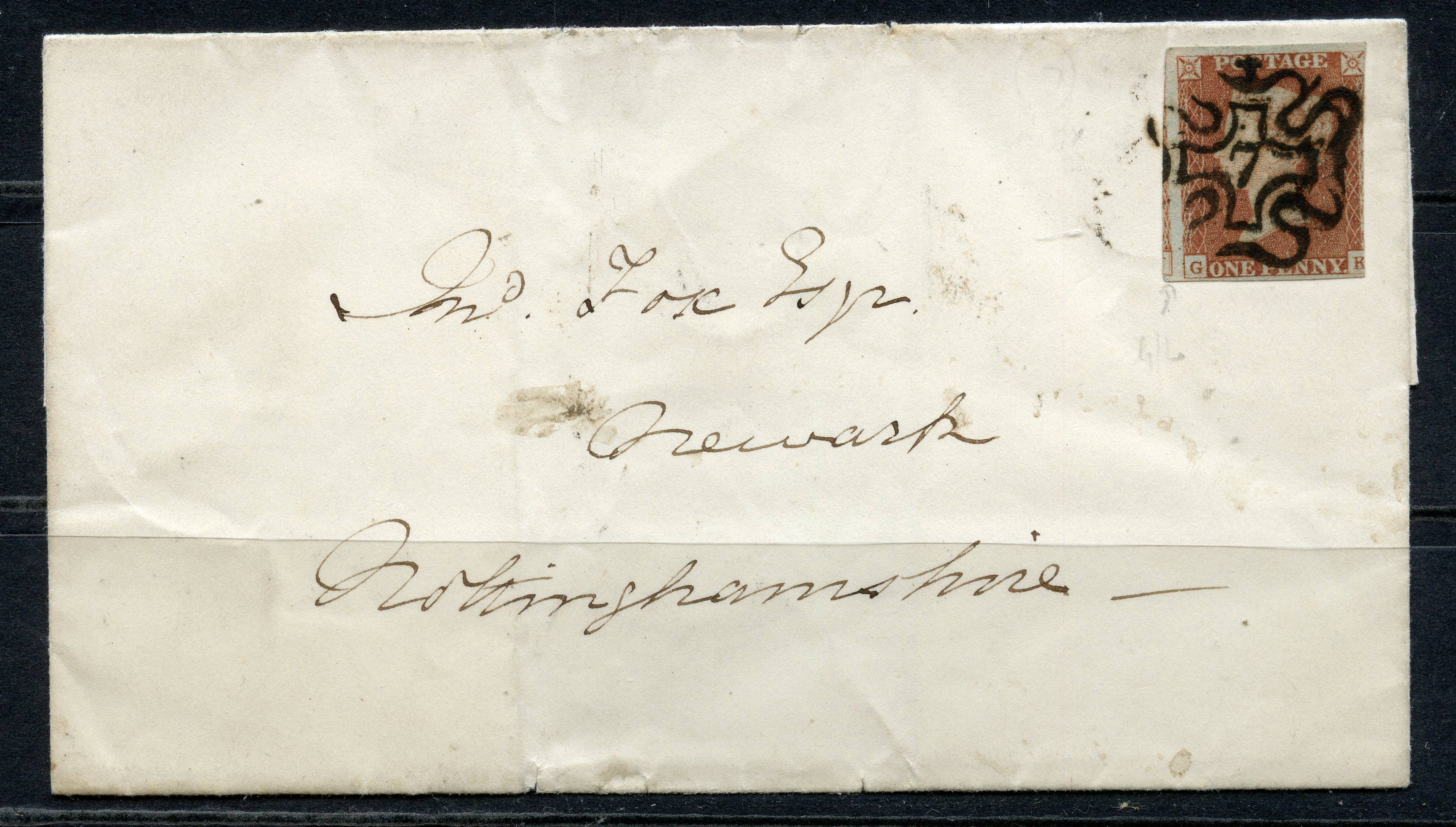 POSTAL HISTORY 1843 London to Newark wrapper franked with 1d red imperf 3 margined tied with black