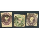 1847 Embossed 6d x 2 and 1/- cut square, 1 x 6d just cut into. Cat £3500.