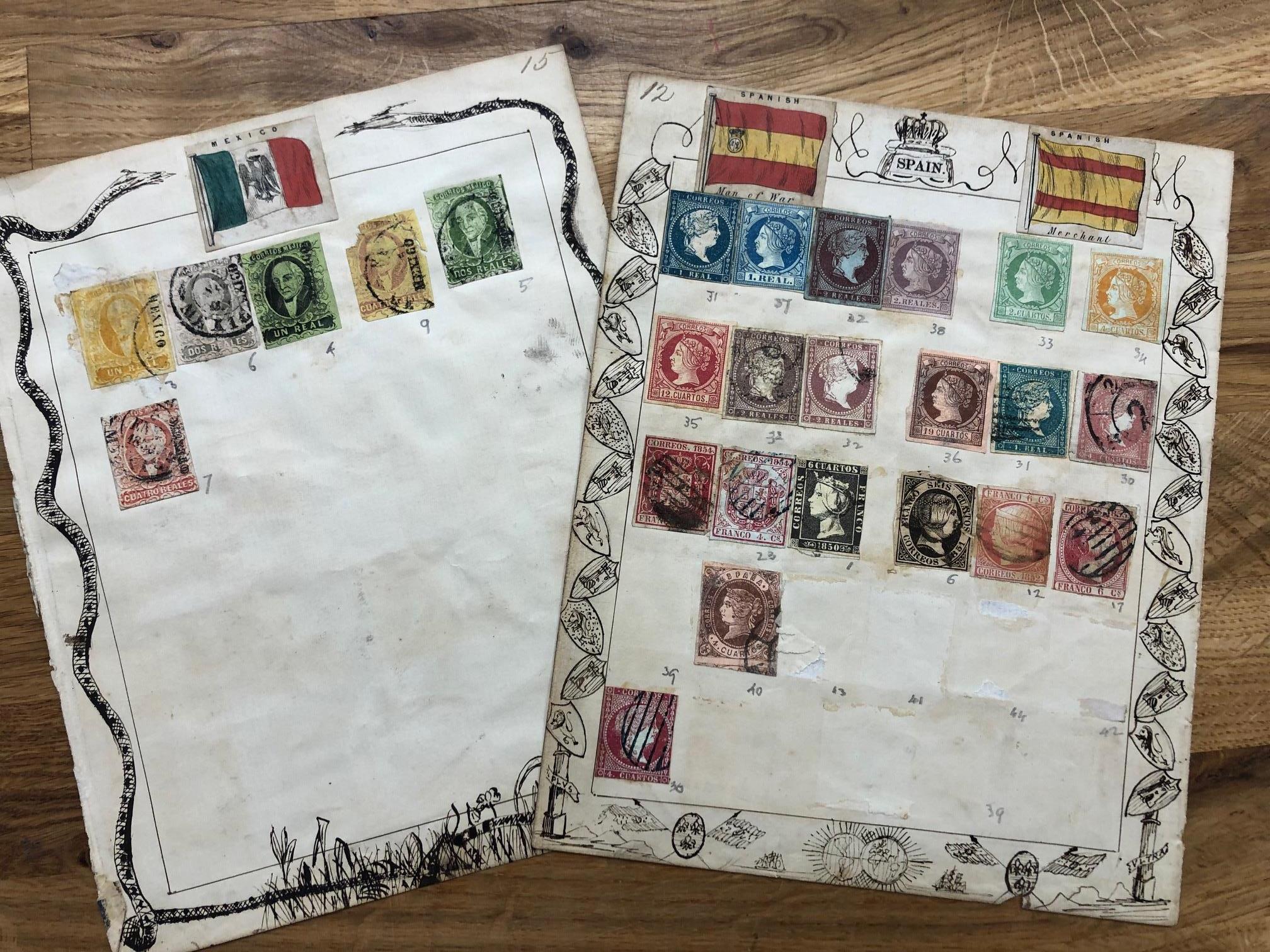 TWO VERY OLD stamp pages containing early issues from Spain, Portugal and South America, some very - Bild 2 aus 2