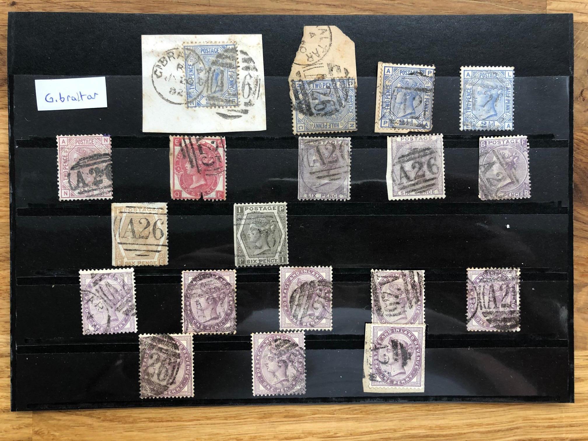 USED ABROAD GIBRALTAR with 2½d blue pl 23 (4), 2½d mauve pl 16, 3d red pl 4 but perf faults, 6d x