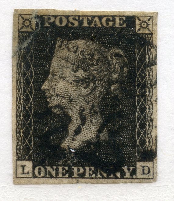 1840 1d Black plate 3 (LD) 4 margined with black MX canc, faults.