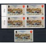 IOM 1973 3½p colour error of border in an um blocks of 4 plus normal. SG 18a. Cat £900.