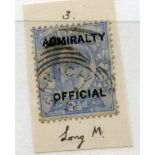 OFFICIALS ADMIRALTY 1903 2½d ultramarine fu. SG 0105. Cat £150.