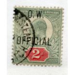 OFFICIALS OW 1902 - 03 2d yellowish green and carmine red vfu. SG 038. Cat £450.