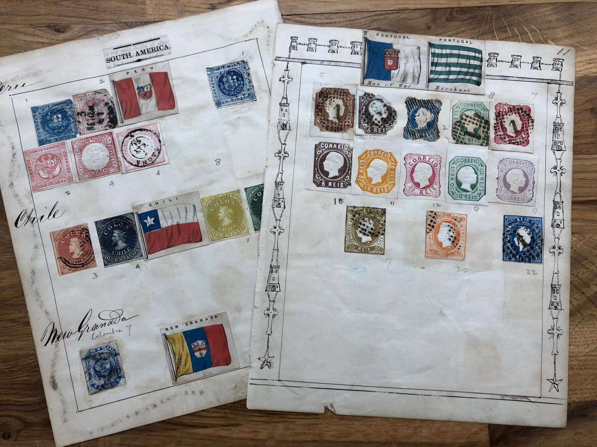 TWO VERY OLD stamp pages containing early issues from Spain, Portugal and South America, some very