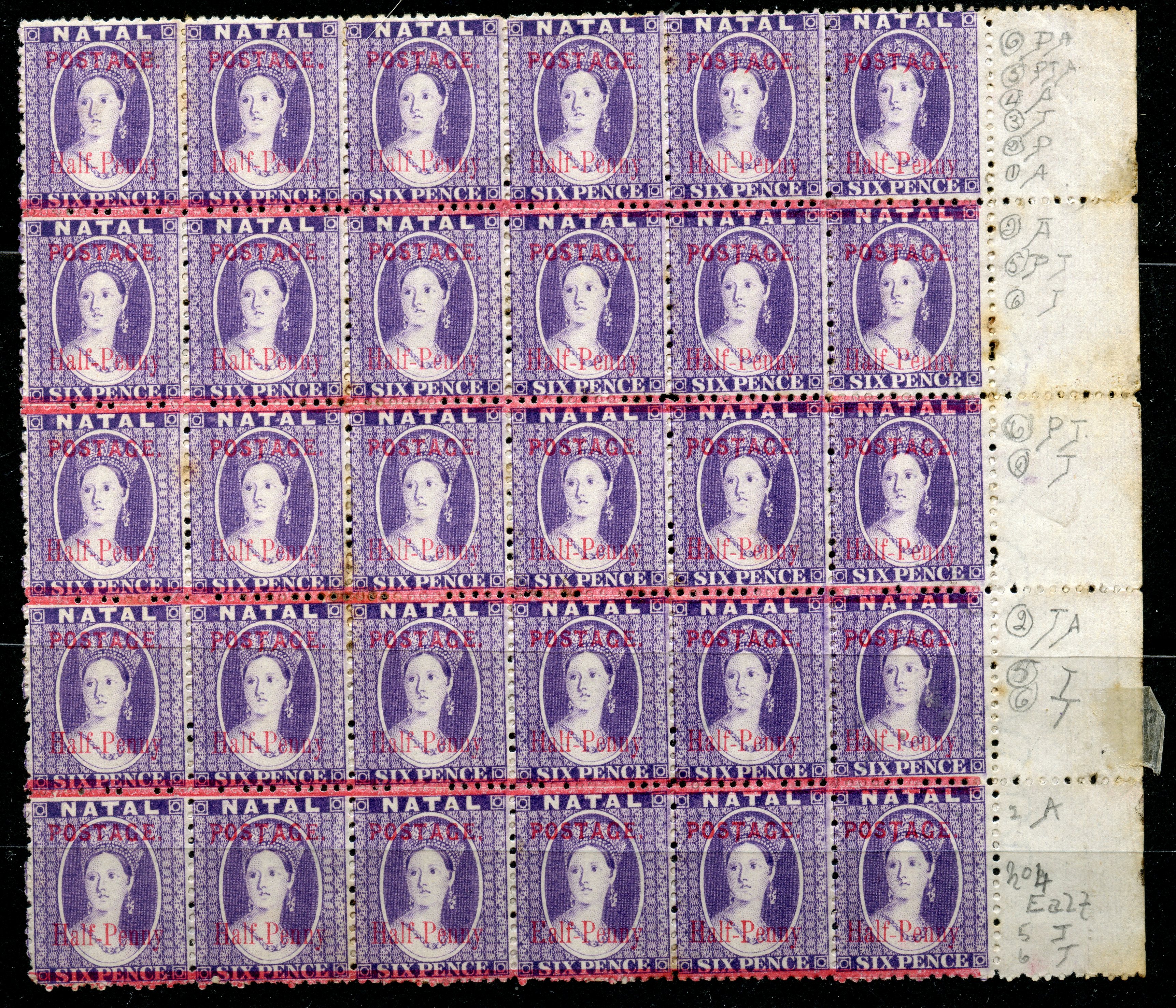 NATAL 1885 ½d on 6d violet marginal block of 30 showing many listed varieties inc "Ealf - Penny".