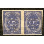 USA 1879 2c blue Douglas City Dispatch Co imperf pair 4 margined mint. Scott 59L2a. Cat $100.