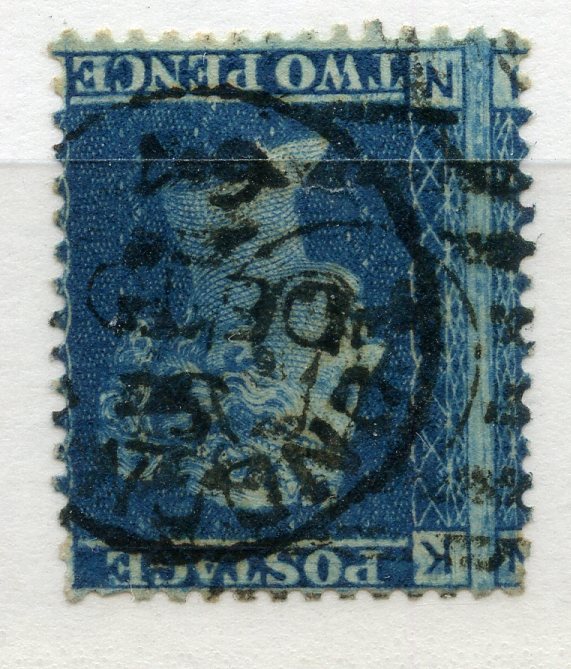 1858 2d blue plate ? (NJ) watermark inverted fu, o/c. SG 46wi. Cat £300.