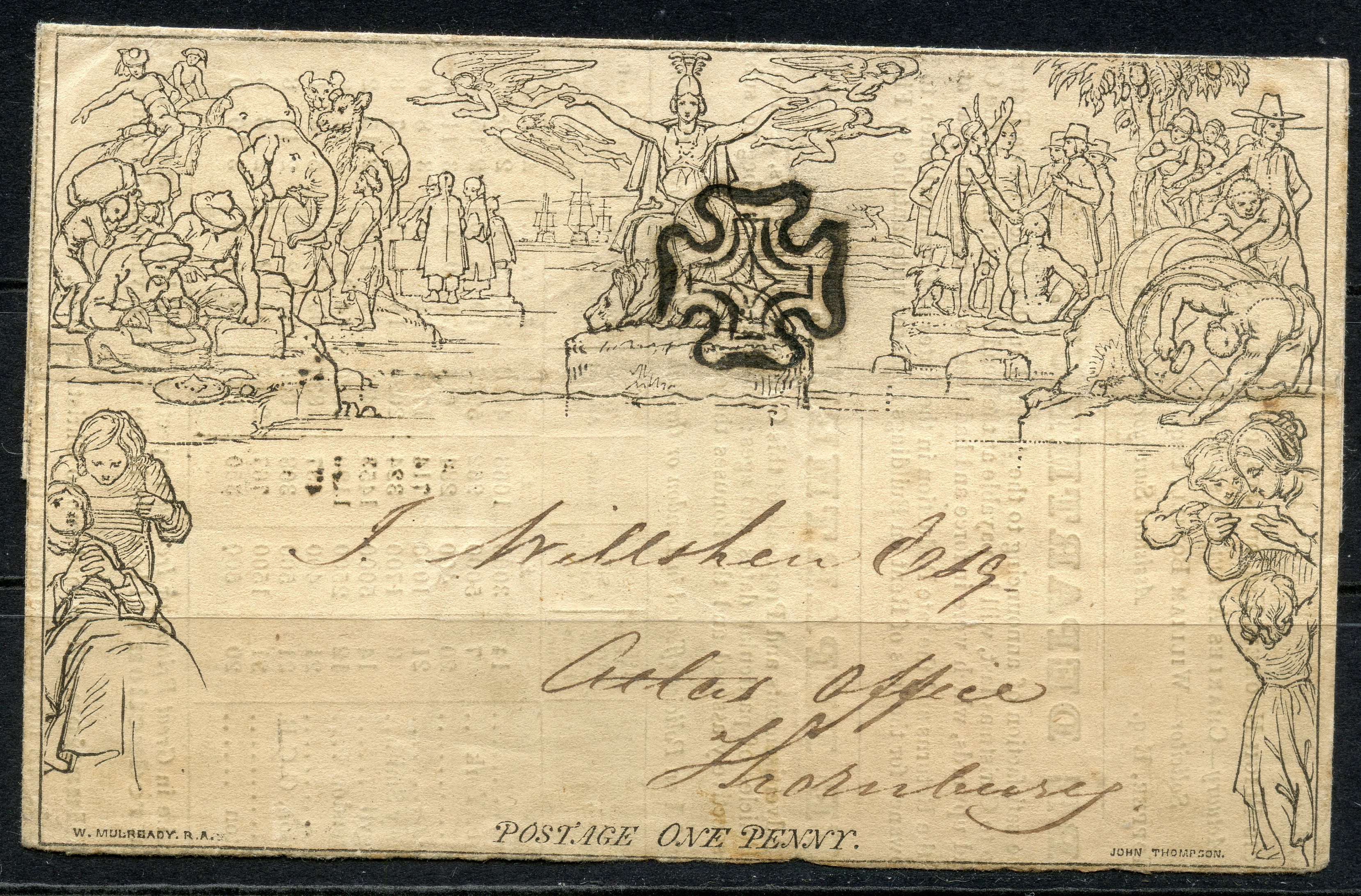 1840 Mulready 1d part advert letter sheet from Bristol to Thornbury cancelled with fine black MX.
