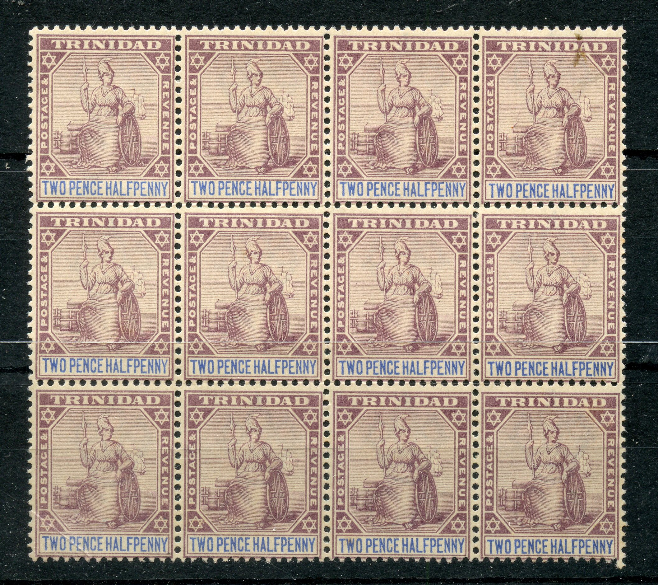 TRINIDAD 1896 - 1906 2½d dull purple and blue block of 12 um, usual light toning. SG 117. Cat £72.