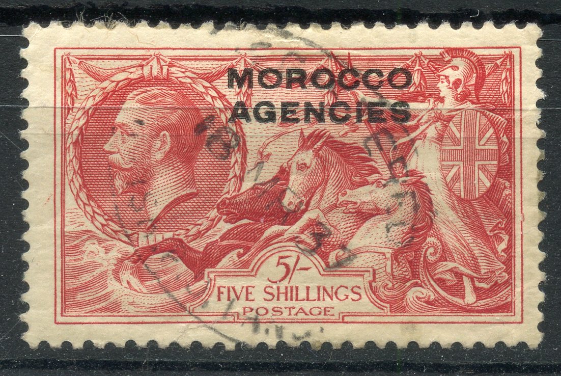 MOROCCO AG - BRITISH 1935 - 37 5/- bright rose re-engraved seahorse vfu. SG 74. Cat £140.