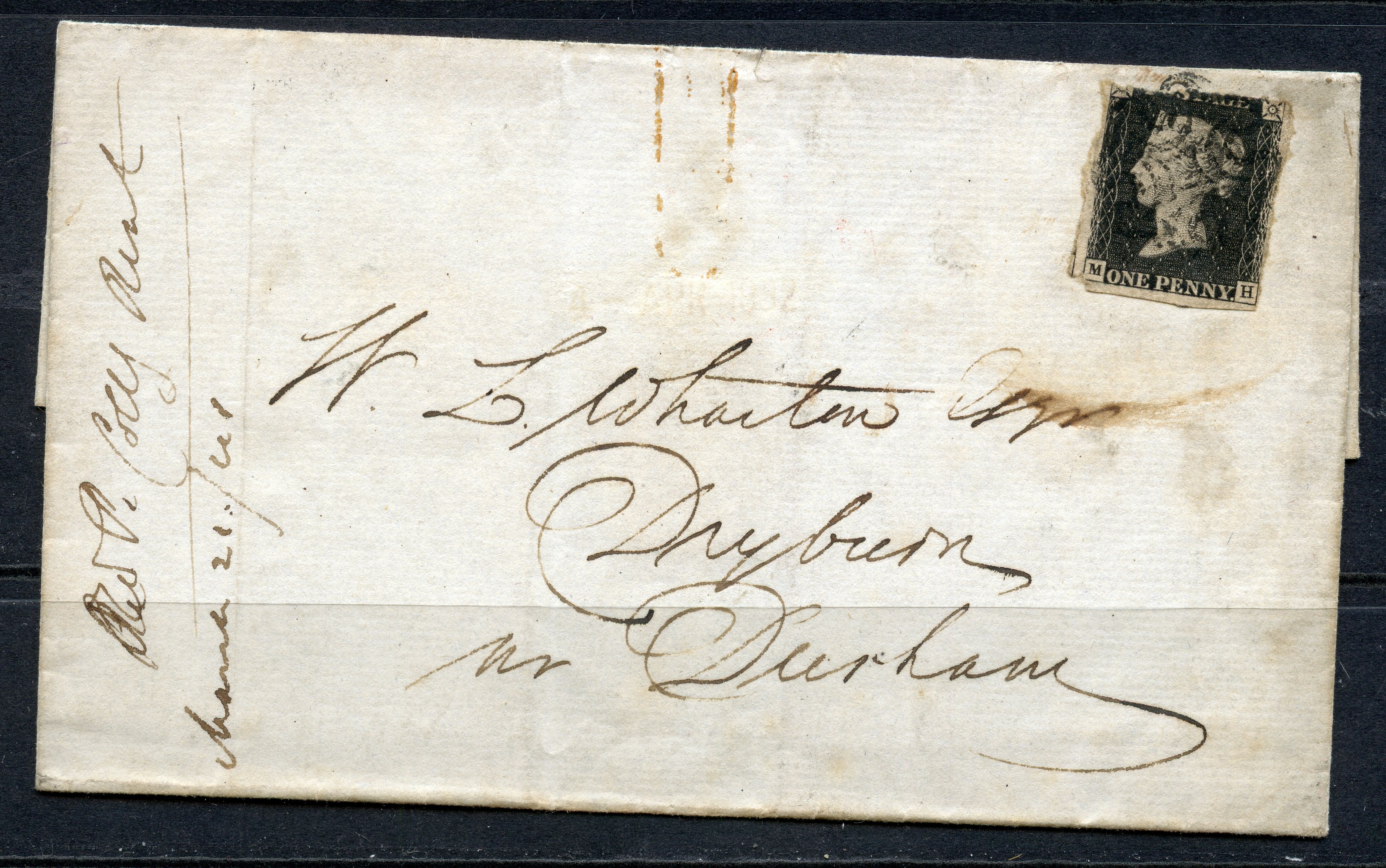 POSTAL HISTORY 1841 Darlington to Durham wrapper franked with a 2½ margined 1d black tied with a