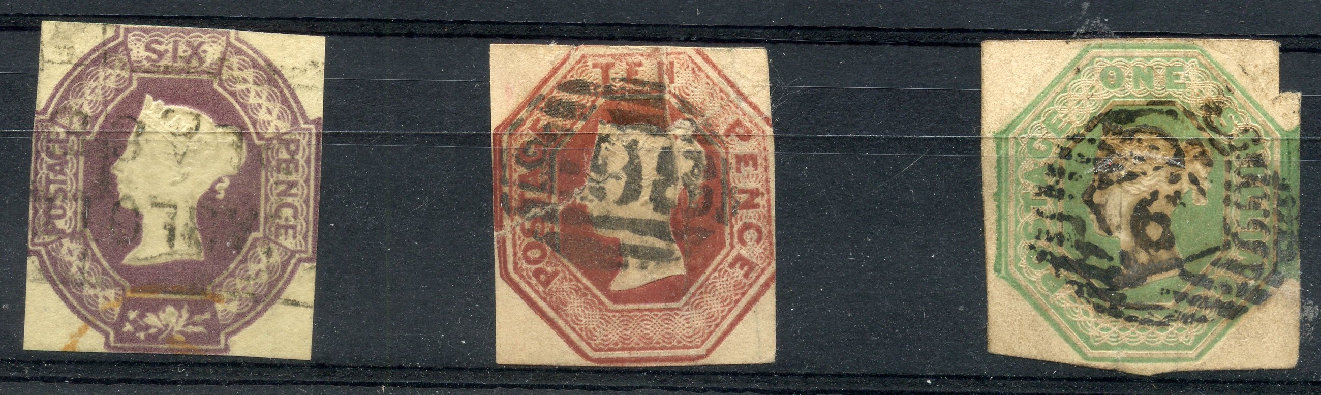 1847 Embossed 6d to 1/- cut square all just cut into, faults. Cat £3500.