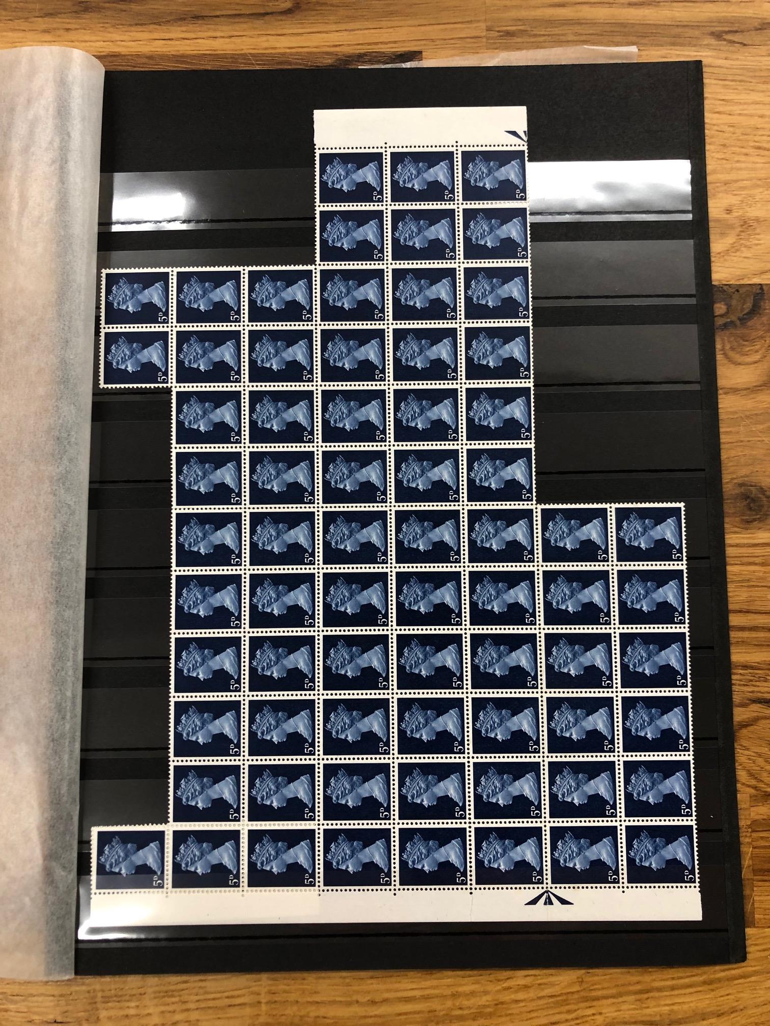 1967 5d Royal blue irregular block of 74 um all showing the phosphor omitted variety. SG 735g.