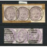 POSTAL FISCALS 1881 1d purple die 1 on wmk anchor and wmk orbs in postally used strips of 3. SG F19,