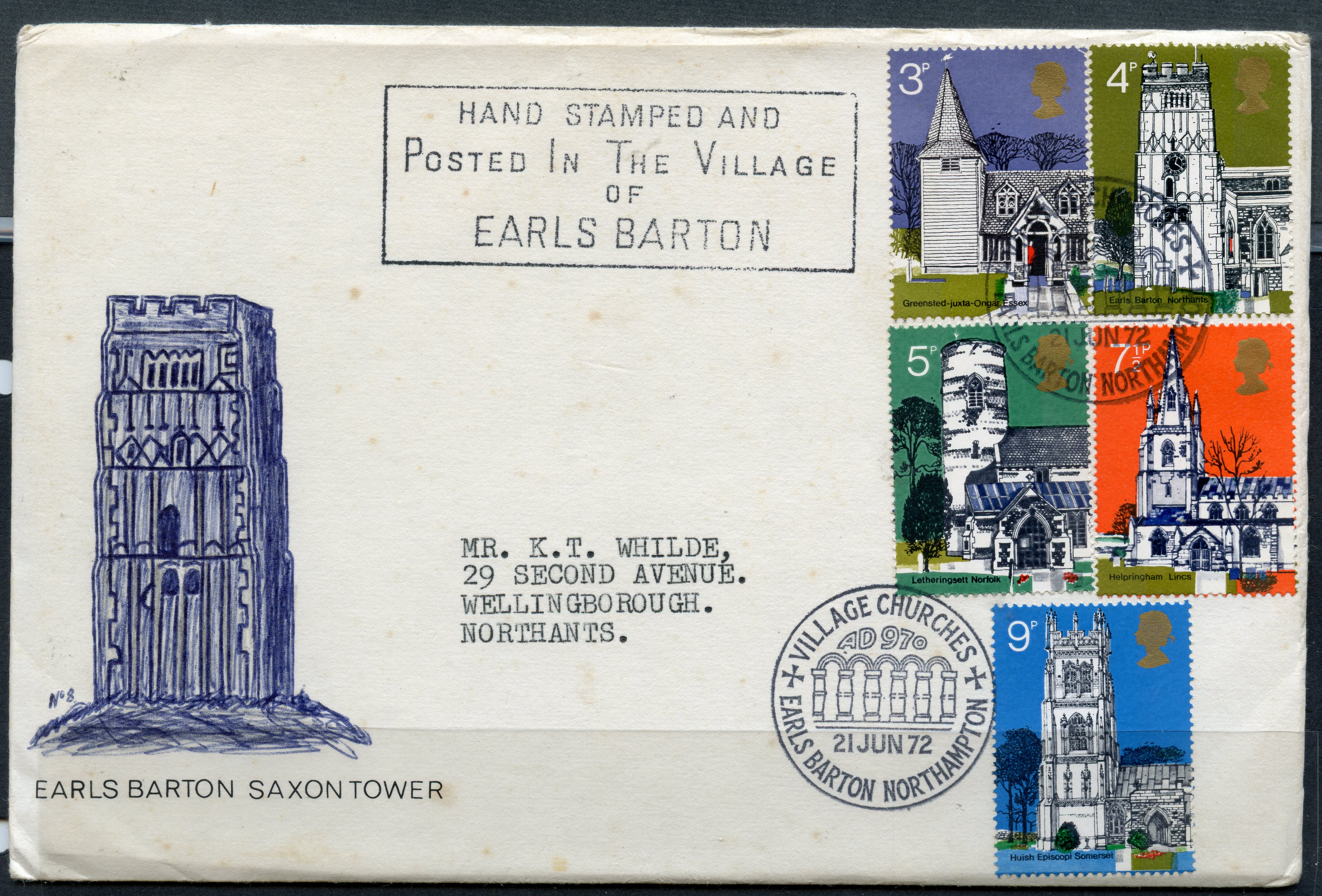 FDCs 1972 Village Churches on special Saxon Tower cover typed address tied with Earls Barton