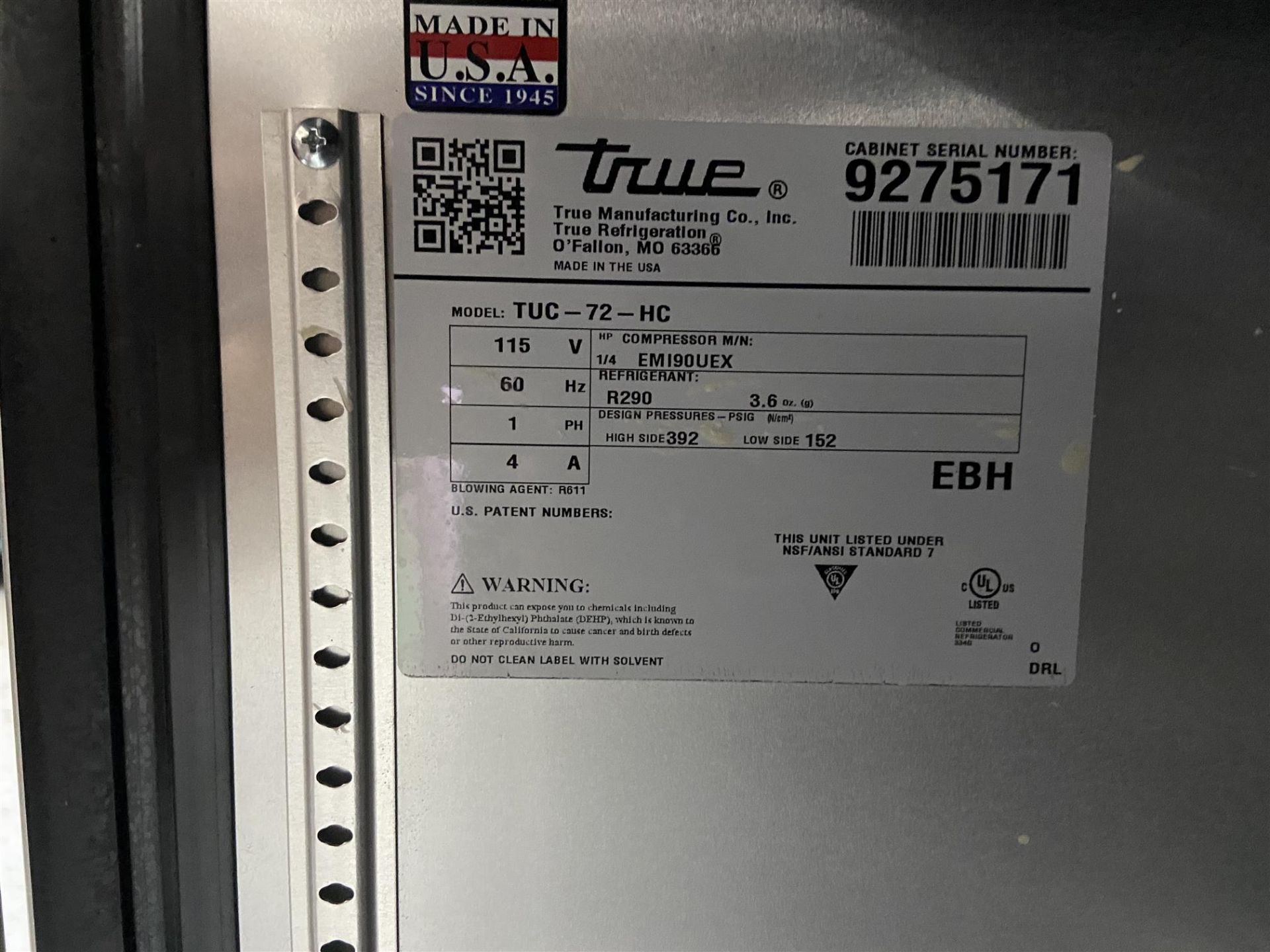 TRUE, 3 Door Under-Counter Refrigerator, Mo.# TUC-72-HC - Image 3 of 3