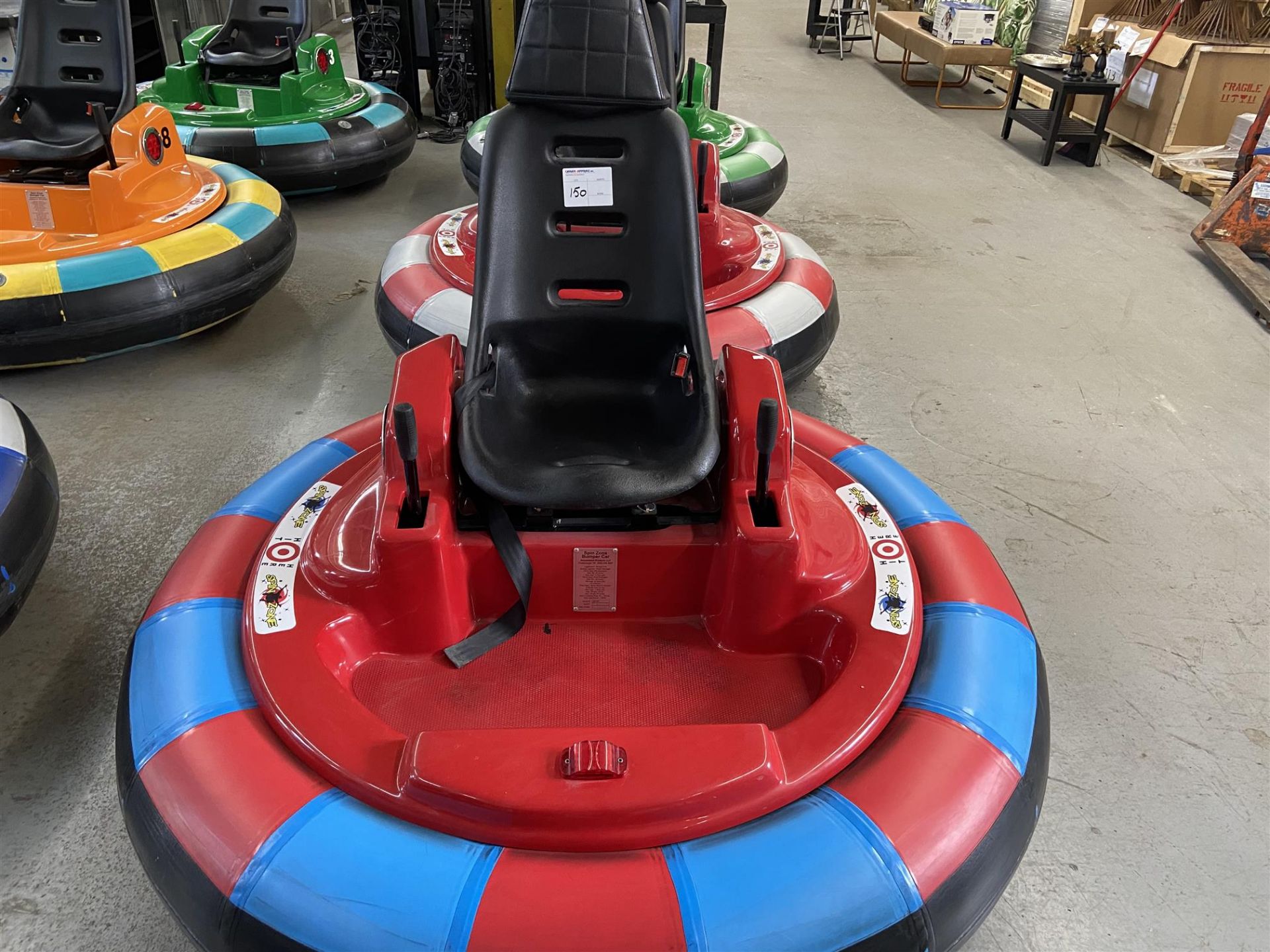 Lot of 8 bumper cars w/ boarders, chargers, inflator, command device & remote: Bumper Cars 8x;