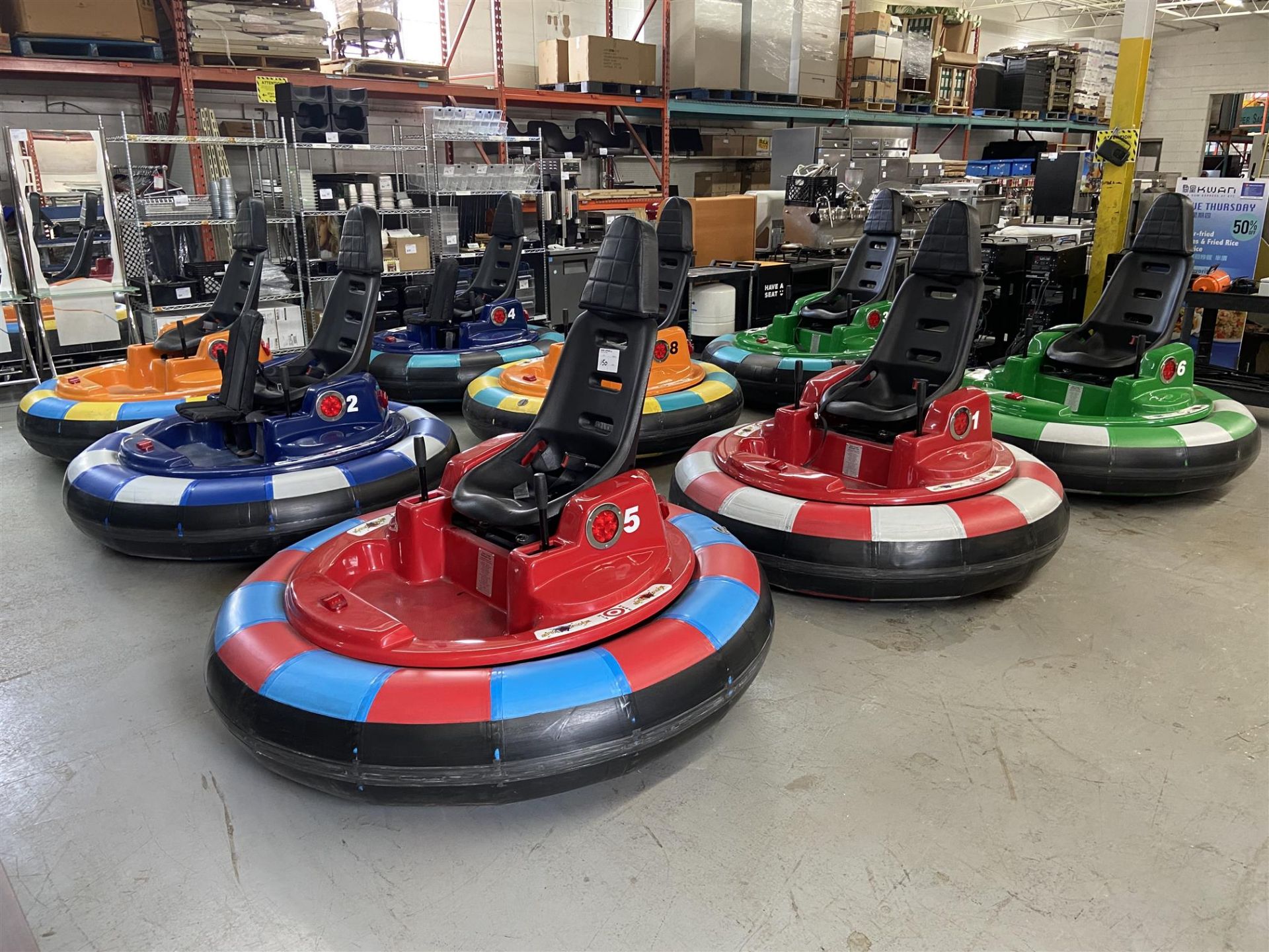 Lot of 8 bumper cars w/ boarders, chargers, inflator, command device & remote: Bumper Cars 8x; - Image 4 of 11