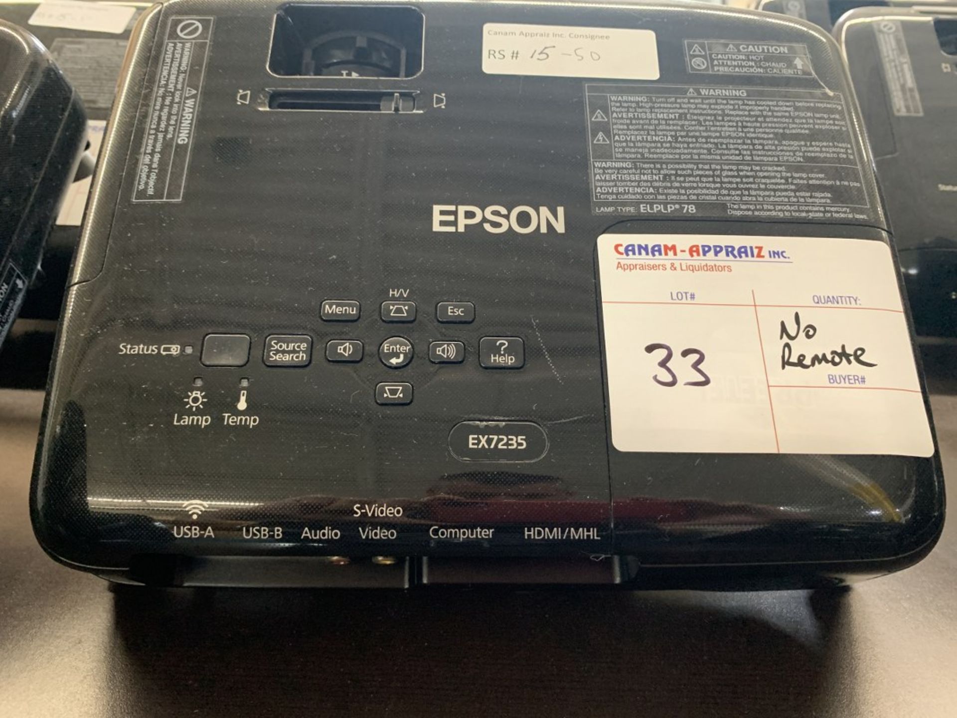 EPSON - 3LCD PROJECTOR - MODEL # ELPLP78 (NO REMOTE)