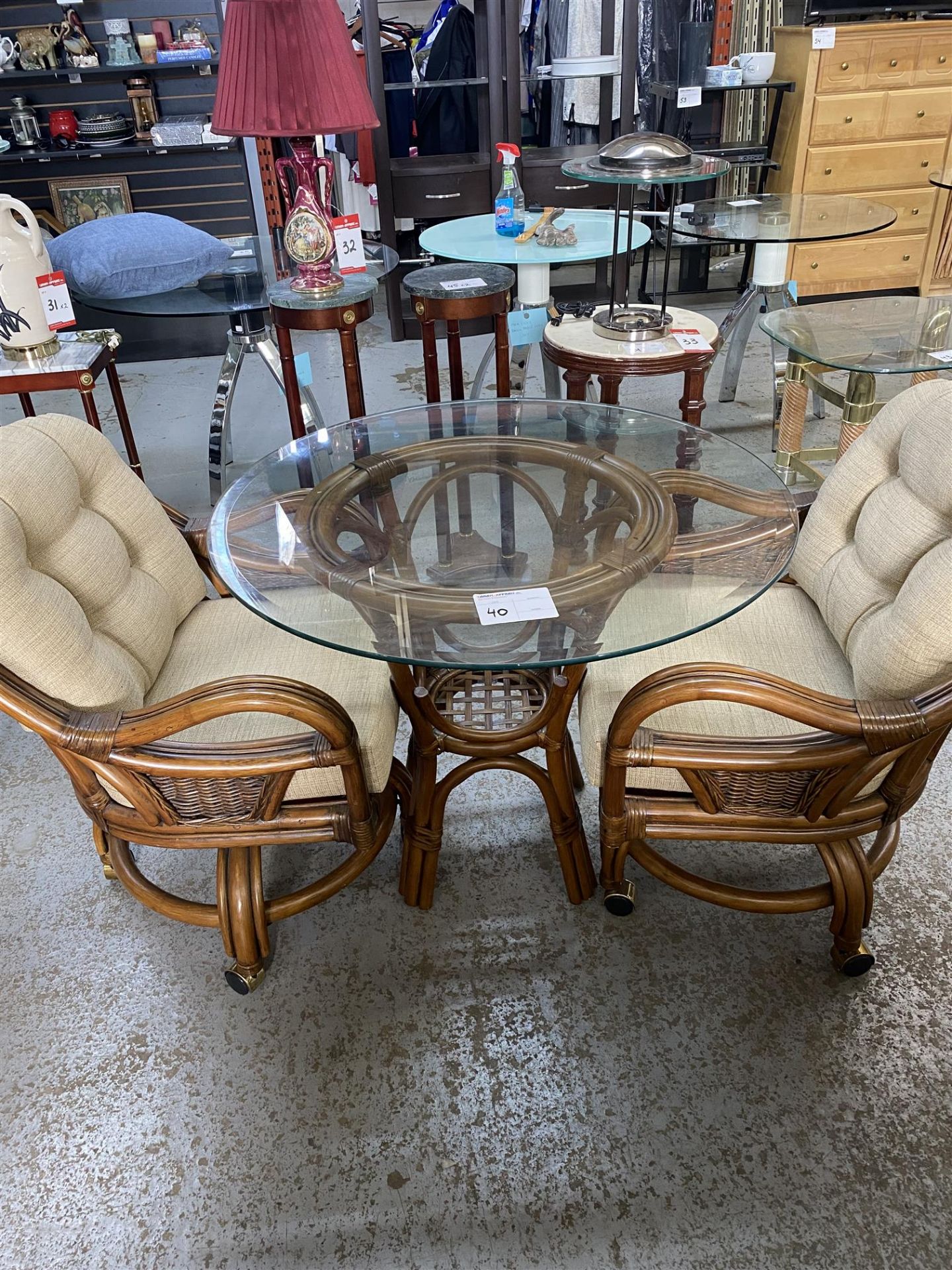 GLASS TABLE W/ TWO CHAIRS ON CASTERS