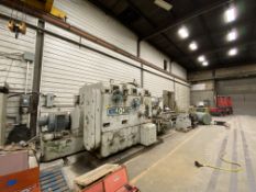 Noble and Lund 36" centers lathe, height of centers: 36", 76" swing over bed x 18' BC, 60" over